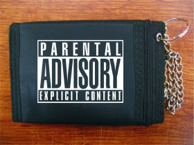 Parental Advisory pevná textilná peňaženka s retiazkou a karabínkou, tlačené logo